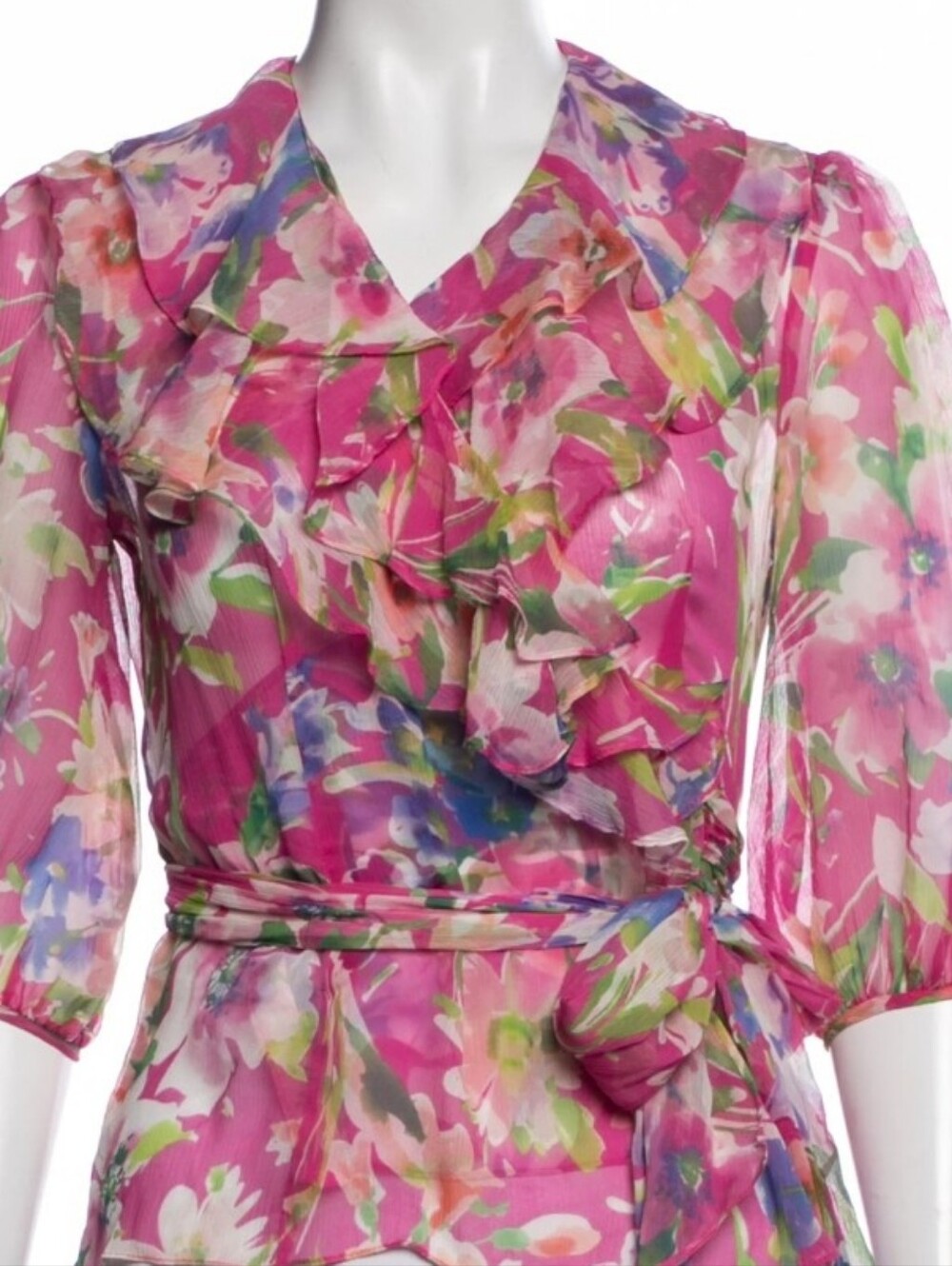 Lauren Ralph Lauren Sheer Pink Floral Wrap Blouse, Silk, 3/4 Puff Sleeves, L - Picture 4 of 9